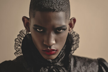 young black man in vampire costume with red lips, looking straight at camera, soft shadows on a neutral beige backdrop, studio portrait