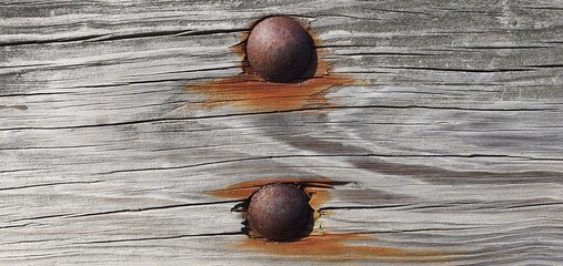 Close-up of two rusty bolts embedded in aged wooden planks, with corrosion stains spreading across...