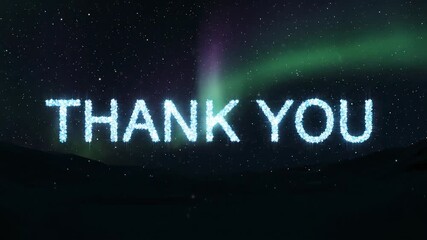 Sparkling blue particle text "THANK YOU" glows against a dark starry background, ideal for gratitude and appreciation moments.