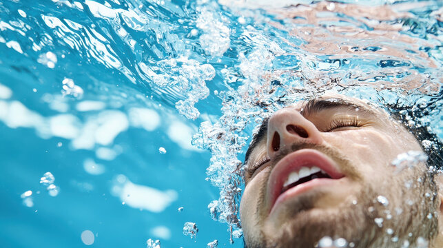 Diving underwater, man experiences moment of tranquility as bubbles surround him, capturing essence of aquatic adventure