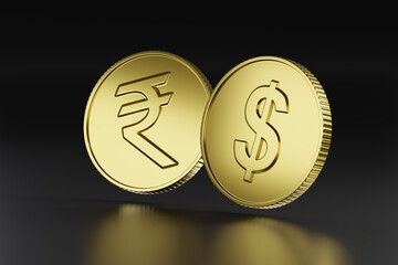 Golden coins with dollar and rupee sign on dark background. 3d illustration.