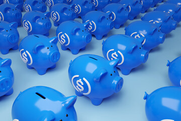 Set of many piggy bank with USDC sign. 3d illustration.