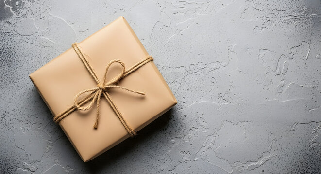 Wrapped brown paper gift tied with twine on textured gray surface