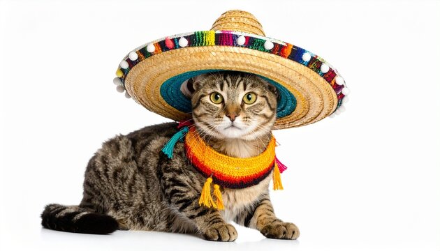 A cat dressed in a vibrant Mexican sombrero and poncho, staring calmly at the camera.