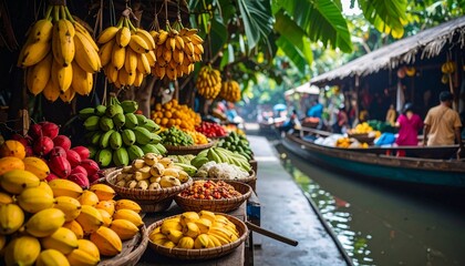 A vibrant tropical floating market with baskets of colorful fruits and boats.