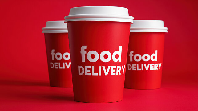 Red coffee cups with food delivery text on bold red background