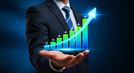 Ambitious business professional showcases upward trending graph symbolizing growth and success in a modern professional setting