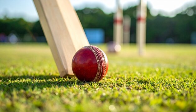 A red cricket ball beside a bat on a grassy field with stumps in the background.