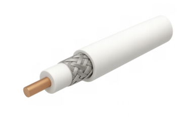 Close-up of coaxial cable revealing copper conductor, dielectric insulator, braided shield, and outer jacket, isolated on transparent background