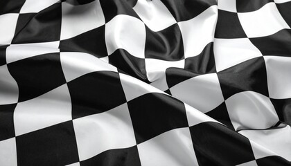 Wrinkled checkered racing flag with black and white squares, symbolizing race finish.