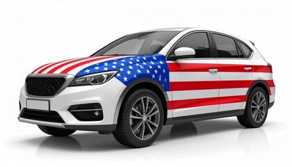 White SUV with stylized American flag design on its side, angled front and side view.