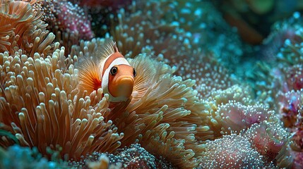   An orange and white clownfish swimming in an anemone