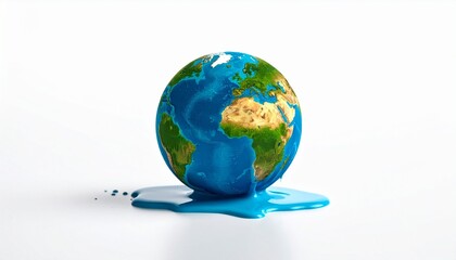 Melting Earth with visible continents and pooling blue liquid, symbolizing climate change.