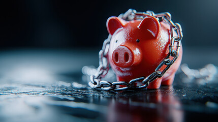 Heavy chain surrounds red piggy bank, symbolizing financial constraints and security. image evokes sense of caution
