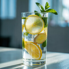 Glasses of cold water with lemon and lemonade are isolated on a white background, representing a variety of refreshing citrus drinks
