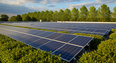 Vast solar panel array bathed in warm sunlight, promising clean energy and sustainable future.