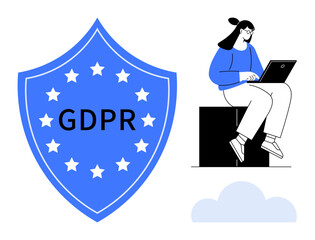 Shield with GDPR text surrounded by stars symbolizes data protection. Woman sitting with laptop highlights secure digital practices. Ideal for law, privacy, technology, compliance, regulation