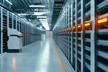 Modern storage facility with automated systems, showcasing rows of servers and advanced technology, creating high tech