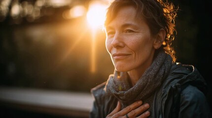 Woman meditating at sunset, backlit portrait - Powered by Adobe