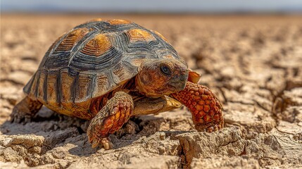 Obraz premium A close-up of a tortoise on dirt ground with a blue sky in the background