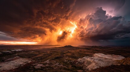   A massive tempest traversing an opaque sky above rugged mountains amidst a barren expanse of stones and vegetation in the foreground