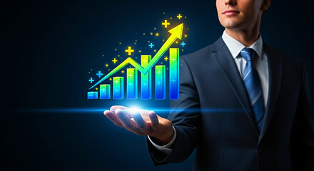 Confident businessman showcasing upward trending financial growth chart with positive indicators, inspiring success