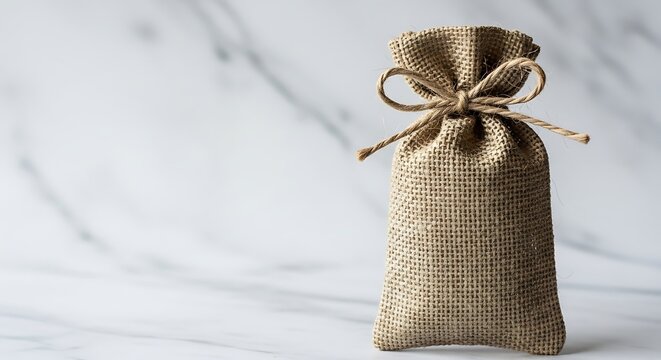 Burlap Sack Tied with Jute String on Marble Background for Rustic Elegance and Sustainable Packaging Concepts