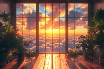 Beautiful sunset view from window with plants and clouds scenic wallpaper