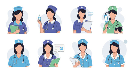A collection of eight illustrated female nurses in various poses, showcasing diverse healthcare tasks.