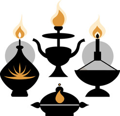 Illuminated Oil Lamps: A collection of stylized oil lamps of various designs, each emitting a warm, inviting flame, representing light, tradition, and history.