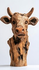 Sculpture, Cow Wood Carving, on White Background, Abstract Image, Texture, Pattern Background, Wallpaper, Smartphone Cover and Screen, PC, Laptop, 9:16 and 16:9 Format