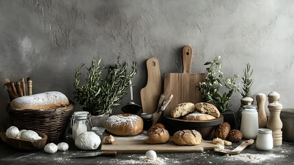 A cozy home bakery filled with baking tools, ingredients, and the warm smell of fresh bread and pastries.

