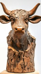 Sculpture, Cow Wood Carving, on White Background, Abstract Image, Texture, Pattern Background, Wallpaper, Smartphone Cover and Screen, PC, Laptop, 9:16 and 16:9 Format