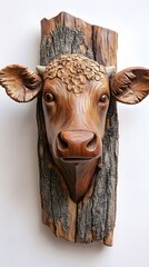 Sculpture, Cow Wood Carving, on White Background, Abstract Image, Texture, Pattern Background, Wallpaper, Smartphone Cover and Screen, PC, Laptop, 9:16 and 16:9 Format