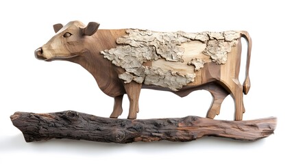 Sculpture, Cow Wood Carving, on White Background, Abstract Image, Texture, Pattern Background, Wallpaper, Smartphone Cover and Screen, PC, Laptop, 9:16 and 16:9 Format