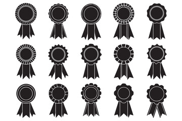 Vector art of collection of fifteen black and white award ribbon rosettes for achievements and quality recognition in vector format