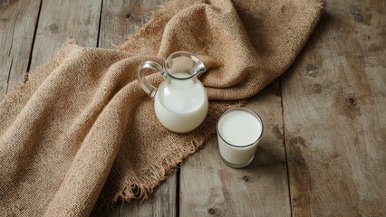 A rustic jug of fresh milk alongside a clear glass filled with wildflowers, arranged on coarse burlap atop a wooden table, capturing the charm of country living, simplicity, and natural beauty.	