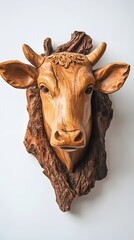 Sculpture, Cow Wood Carving, on White Background, Abstract Image, Texture, Pattern Background, Wallpaper, Smartphone Cover and Screen, PC, Laptop, 9:16 and 16:9 Format