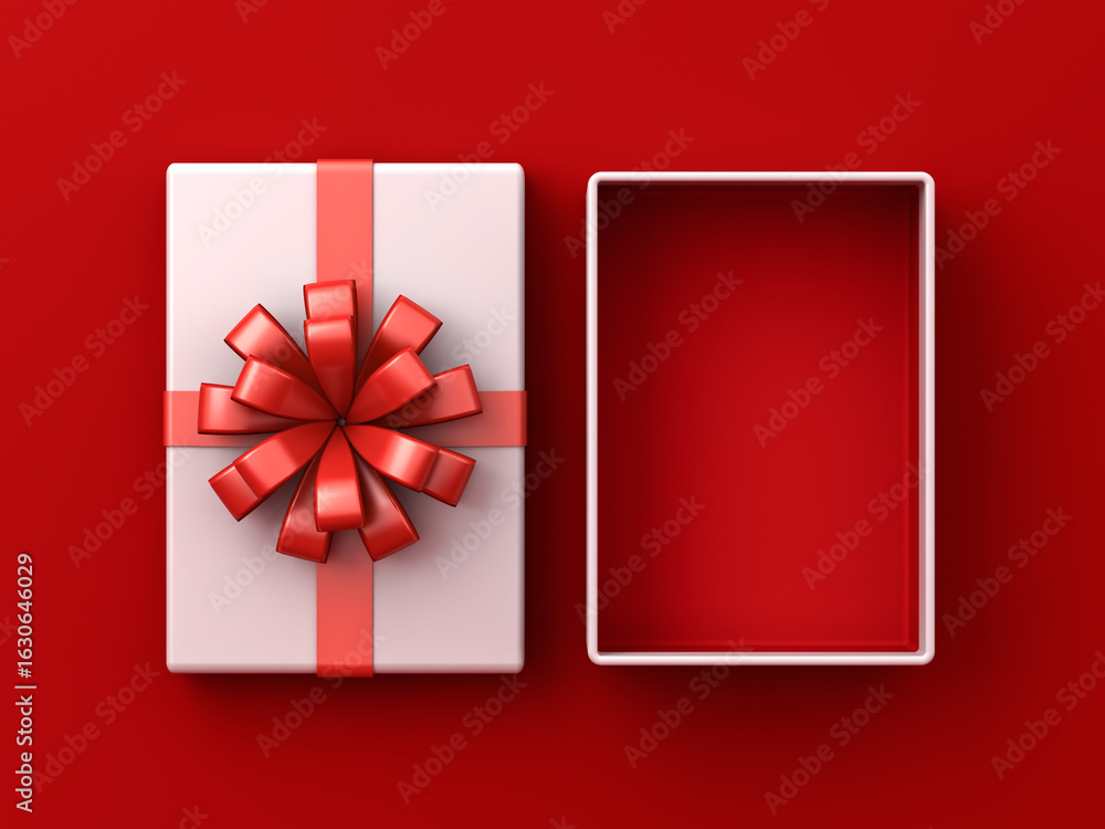 Poster blank white gift box open or top view of white present box tied with red ribbon bow isolated on dark