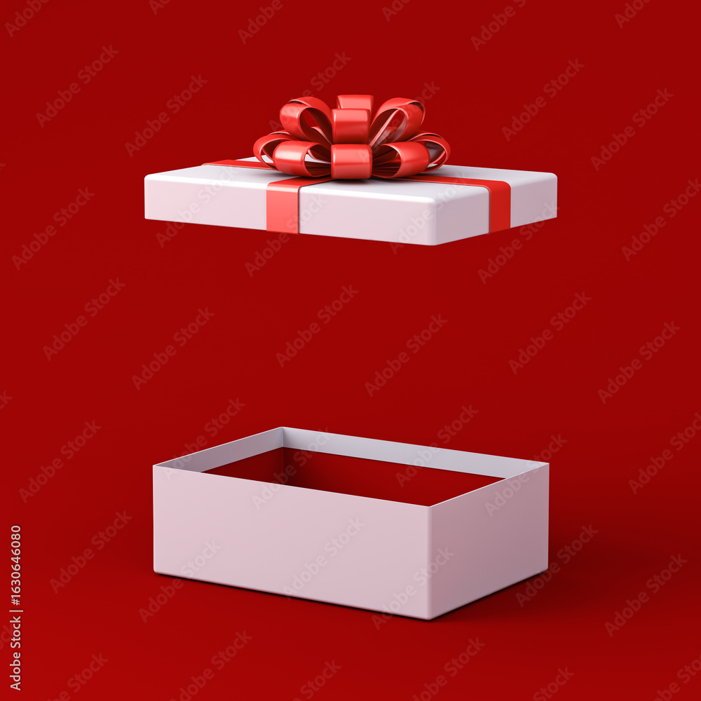 Poster blank white gift box open or white present box lid tied with red ribbon bow isolated on dark red bac