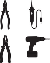 Essential Tools of a Professional Electrician,Black and white silhouette of insrument tools
