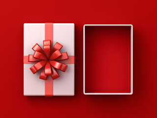Blank white gift box open or top view of white present box tied with red ribbon bow isolated on dark red background with shadow minimal creative idea concepts 3D rendering