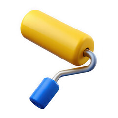 3d yellow paint roller with blue handle isolated on transparent background