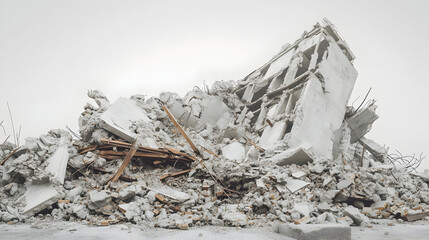Partially demolished building structure and rubble scene