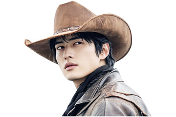 Fototapeta premium Young asian man wearing a cowboy hat and western jacket isolated on transparent background