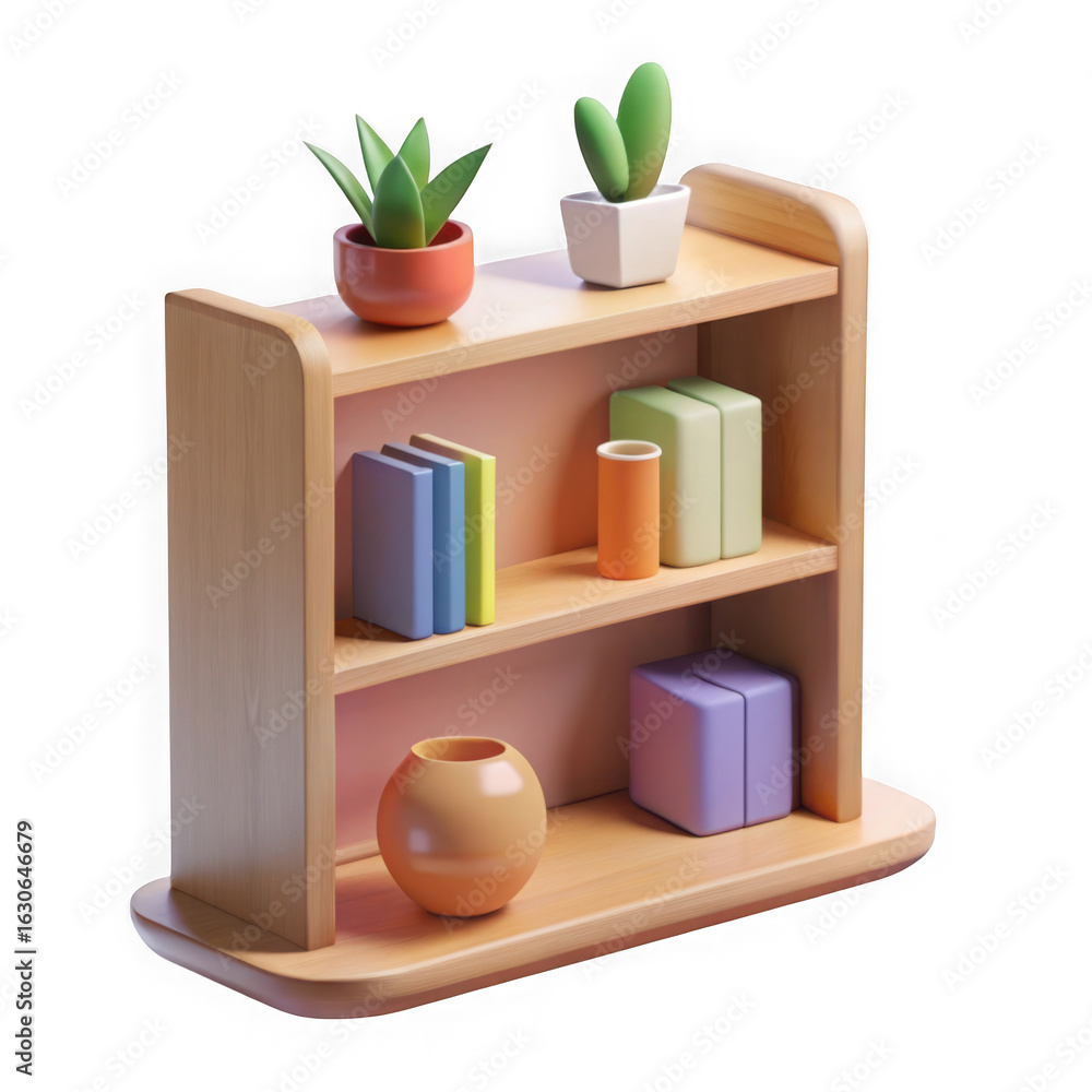Poster 3d wooden bookshelf with potted plants and decorative objects isolated on transparent background