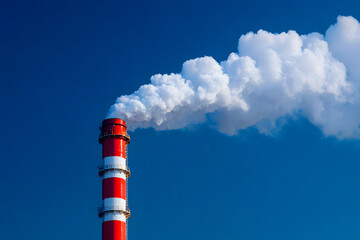 White smoke is coming out of a large red and white industrial chimney against a clear blue sky, symbolizing pollution and environmental concerns
