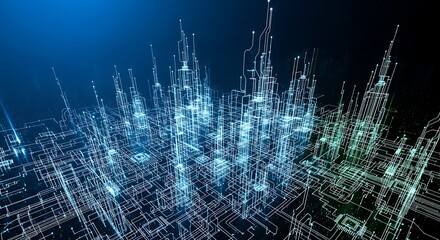 Abstract digital cityscape, glowing network connections, futuristic metropolis, intricate wiring.