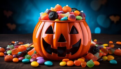 a festive halloween pumpkin candy bowl filled with a delightful array of colorful treats