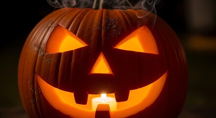Glowing jack-o'-lantern with candlelight, spooky Halloween symbol.